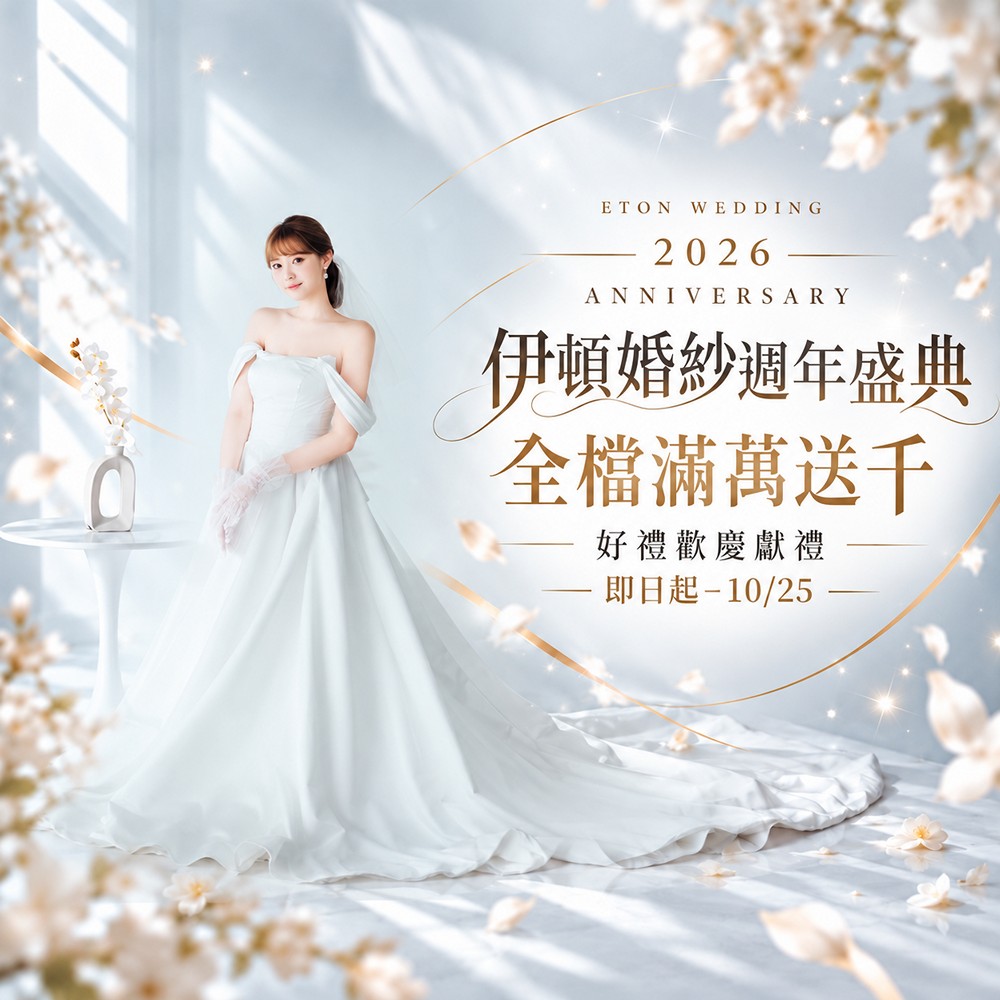2026伊頓婚紗週年盛典,全檔滿萬送千,好禮歡慶獻禮,婚紗包套,自助婚紗